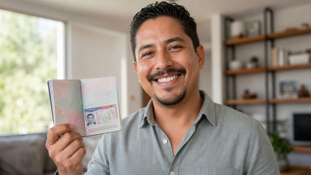 Mexicano feliz mostrando su pasaporte con visa americana aprobada